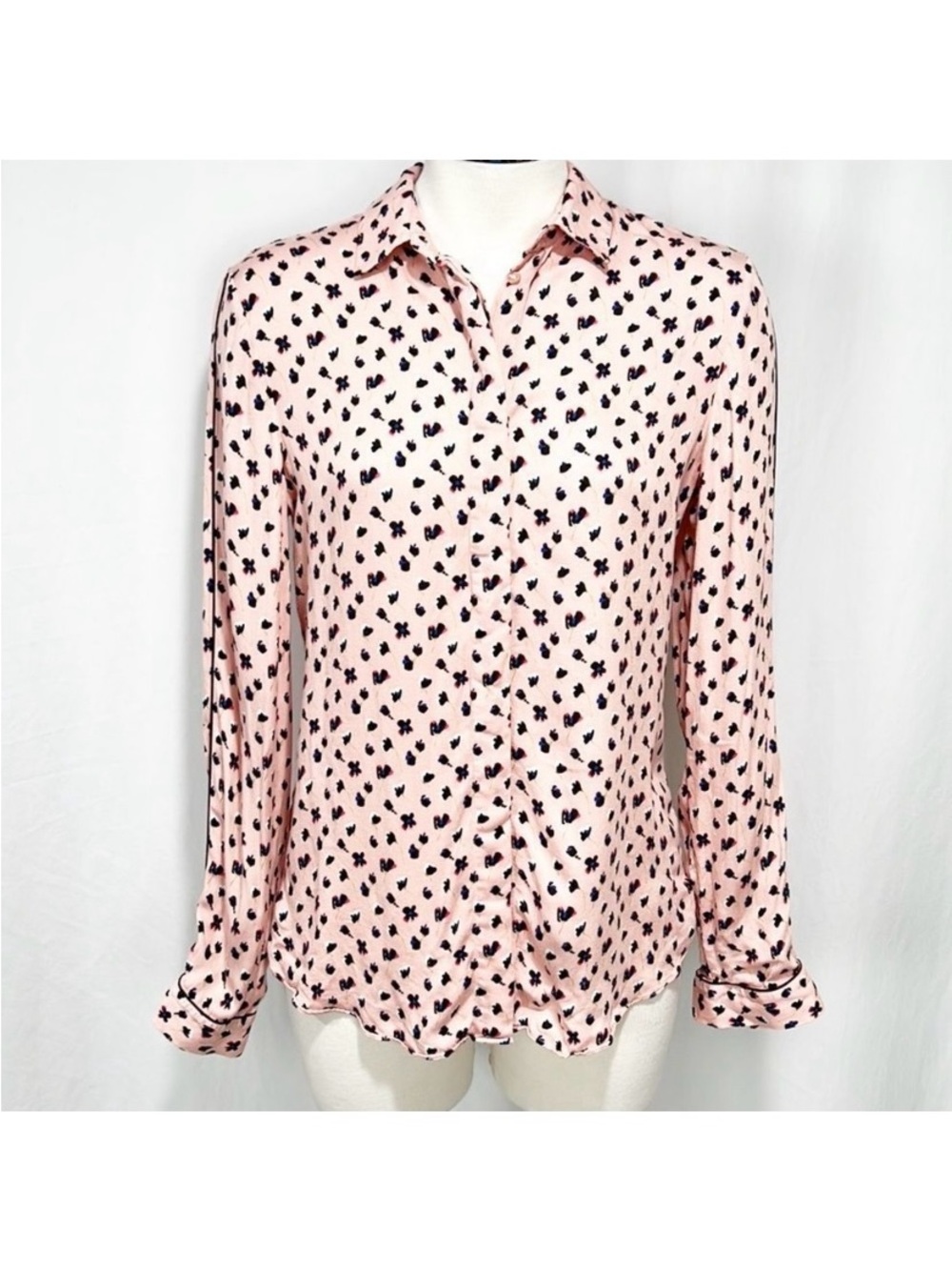 Massimo Dutti Pink Floral Button Down Blouse Black Piping Sz 2 XS